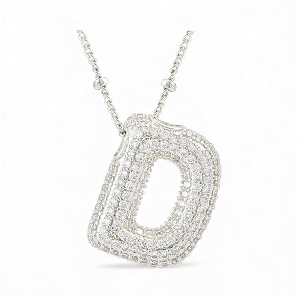 Silver Bubble Initial “D” Pendant Necklace CZ Pave Letter 18” Chain